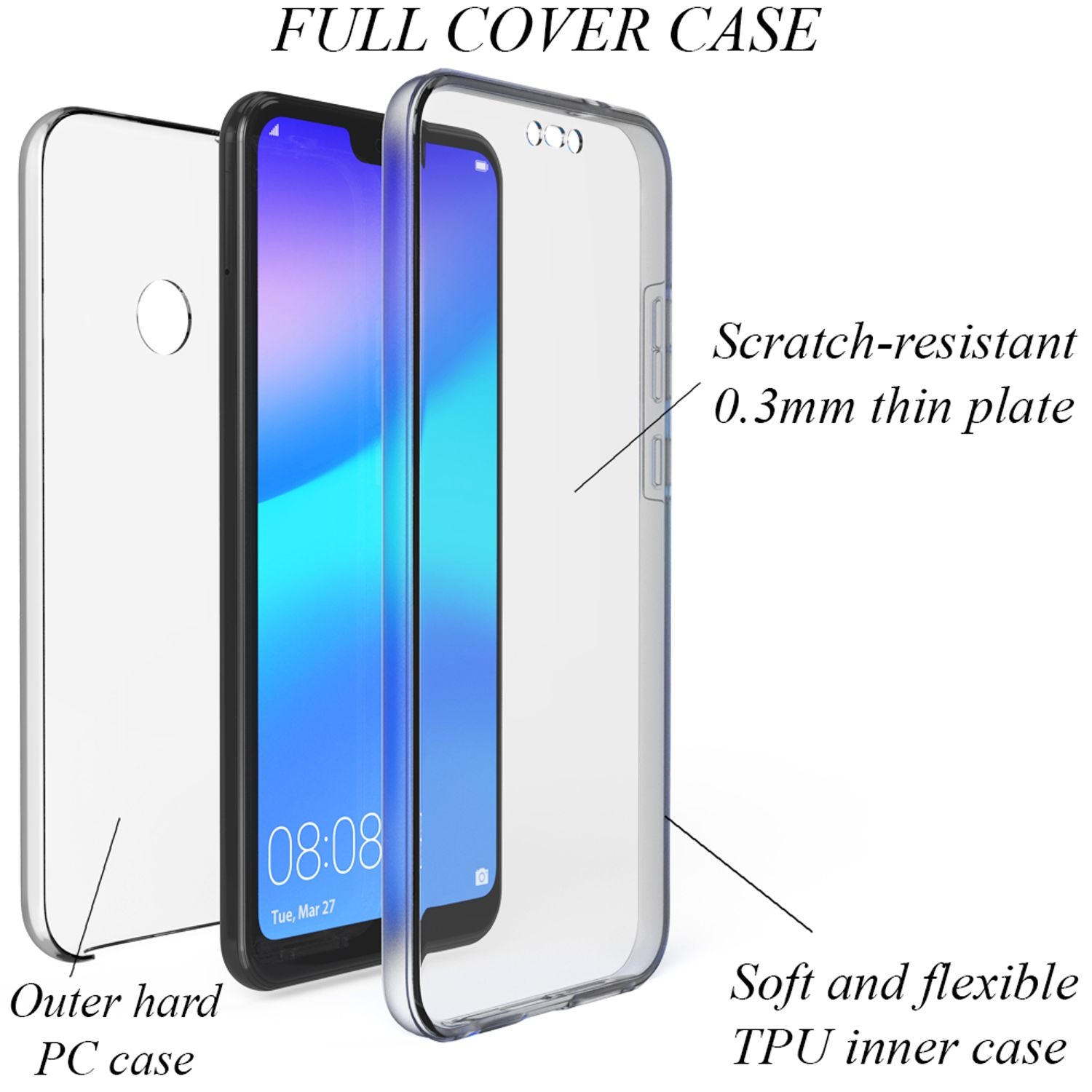 NALIA 360 Grad Handy Hülle für Huawei P20 Lite, Full Cover Case Rundum Bumper Transparent NALIA Transparente Hülle