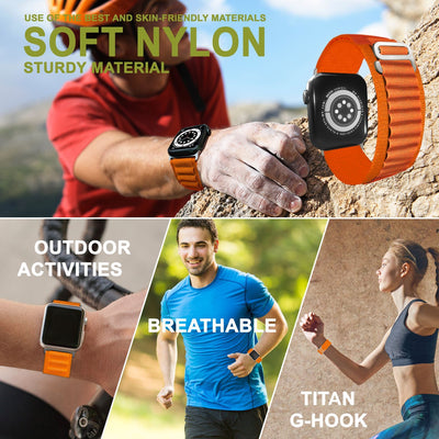 NALIA Smart Watch Armband Alpine Loop Style kompatibel mit Apple Watch Armband Ultra/SE & Series 8/7/6/5/4/3/2/1, 38/40/41mm, G-Haken iWatch Outdoor Uhr Band, Nylon Orange NALIA Textil Armband