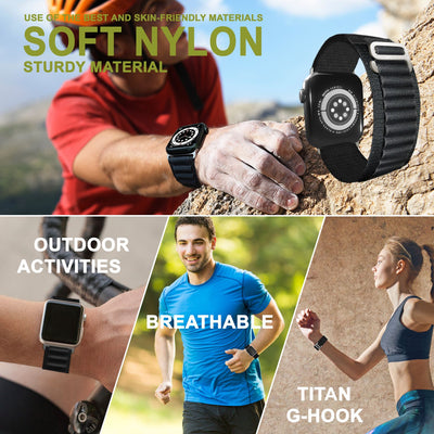 NALIA Smart Watch Armband Alpine Loop Style kompatibel mit Apple Watch Armband Ultra/SE & Series 8/7/6/5/4/3/2/1, 42/44/45/49mm, G-Haken iWatch Outdoor Uhr Band, Nylon Schwarz NALIA Textil Armband