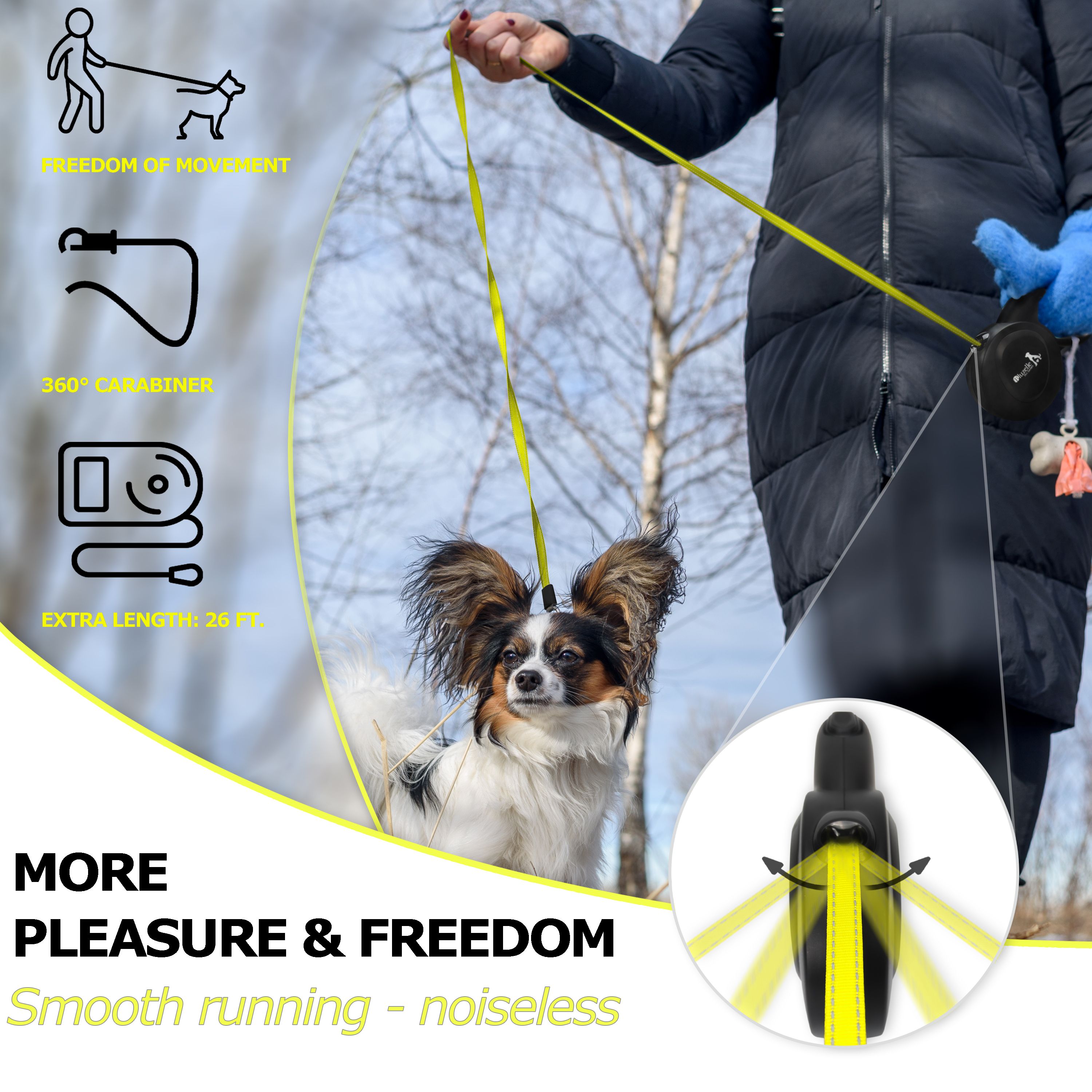 BLUZELLE 8m Lange Hundeleine für Hunde bis 50kg, Flexible Rollleine Neon-Gelb Leuchtender Reflektor-Gurt mit 360° Karabinerhaken Metall, Ergonomischer Griff Schwarz Gummiert & Einzugs-Bremse, Schwarz
