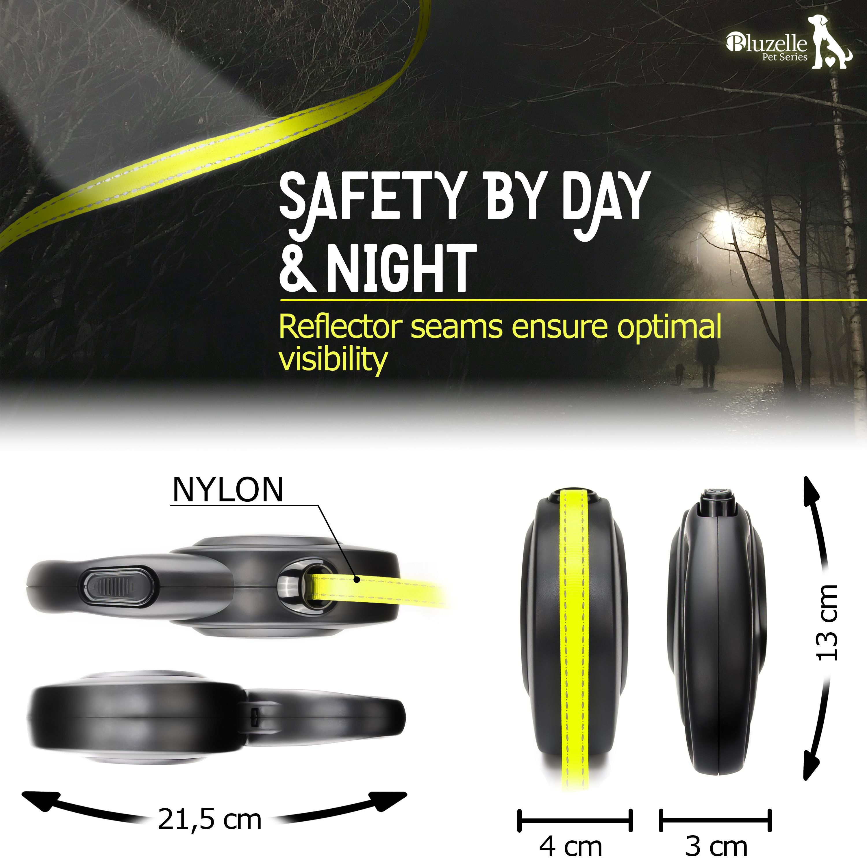 BLUZELLE 8m Lange Hundeleine für Hunde bis 50kg, Flexible Rollleine Neon-Gelb Leuchtender Reflektor-Gurt mit 360° Karabinerhaken Metall, Ergonomischer Griff Schwarz Gummiert & Einzugs-Bremse, Schwarz