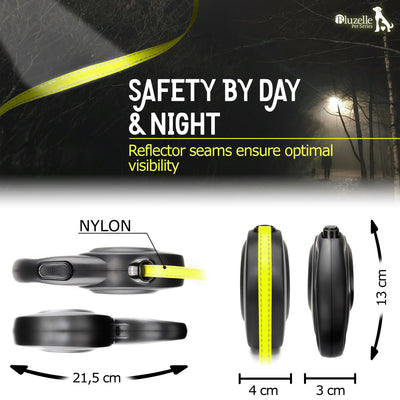 BLUZELLE 8m Lange Hundeleine für Hunde bis 50kg, Flexible Rollleine Neon-Gelb Leuchtender Reflektor-Gurt mit 360° Karabinerhaken Metall, Ergonomischer Griff Schwarz Gummiert & Einzugs-Bremse, Schwarz