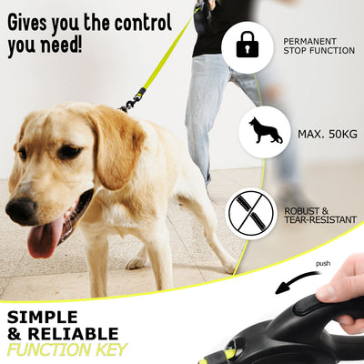 BLUZELLE 8m Lange Hundeleine für Hunde bis 50kg, Flexible Rollleine Neon-Gelb Leuchtender Reflektor-Gurt mit 360° Karabinerhaken Metall, Ergonomischer Griff Schwarz Gummiert & Einzugs-Bremse, Schwarz