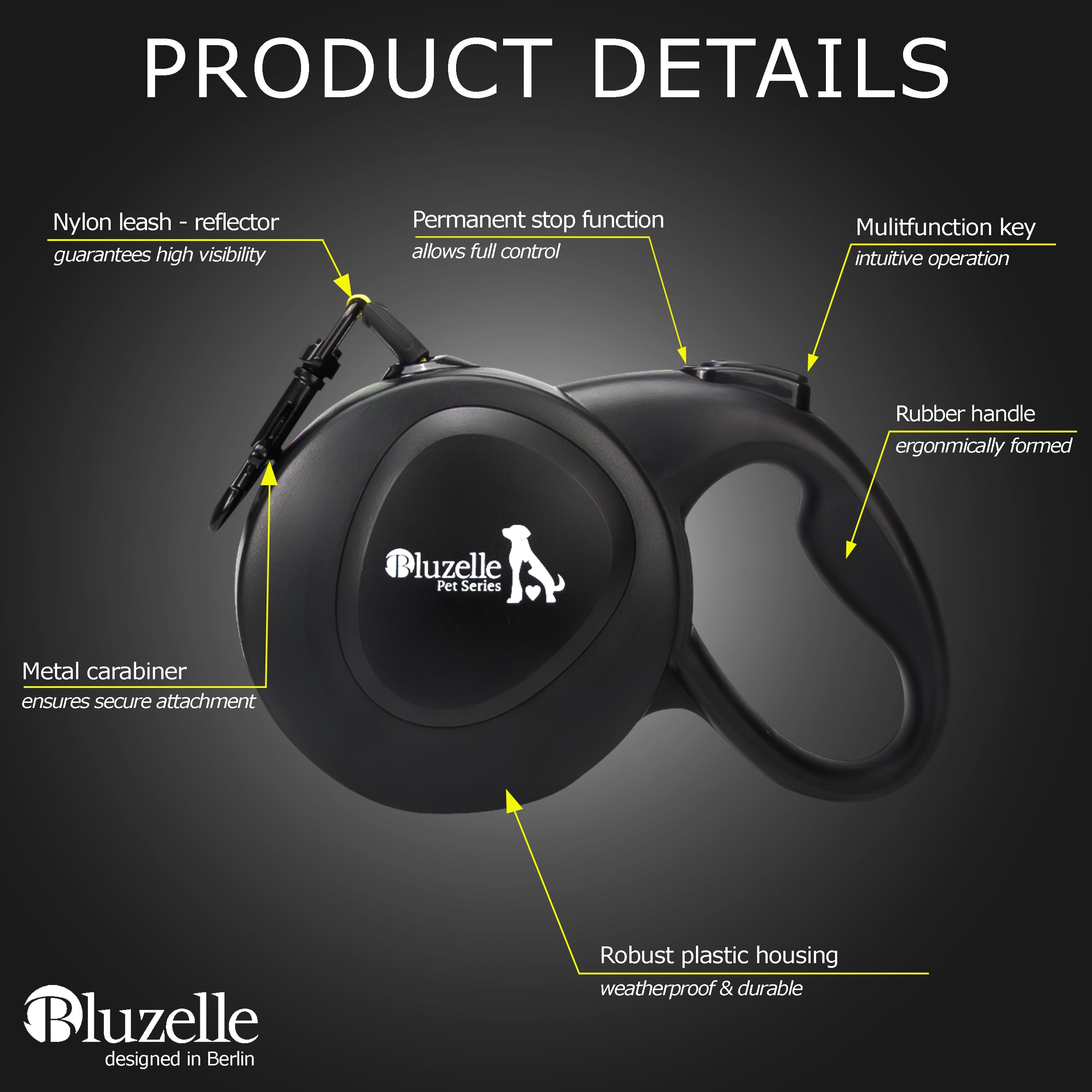 BLUZELLE 8m Lange Hundeleine für Hunde bis 50kg, Flexible Rollleine Neon-Gelb Leuchtender Reflektor-Gurt mit 360° Karabinerhaken Metall, Ergonomischer Griff Schwarz Gummiert & Einzugs-Bremse, Schwarz