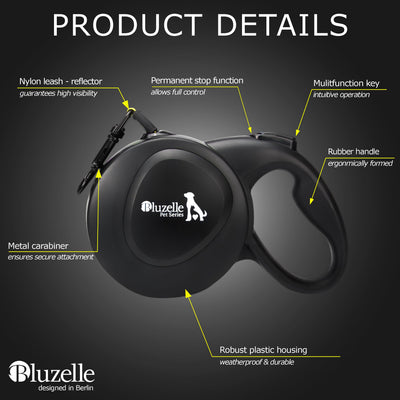 BLUZELLE 8m Lange Hundeleine für Hunde bis 50kg, Flexible Rollleine Neon-Gelb Leuchtender Reflektor-Gurt mit 360° Karabinerhaken Metall, Ergonomischer Griff Schwarz Gummiert & Einzugs-Bremse, Schwarz