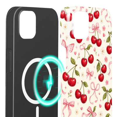 Coquette iPhone 15 Plus Hülle mit Kirschen, Innenseite mit Magnetring, kompatibel mit MagSafe-Zubehör