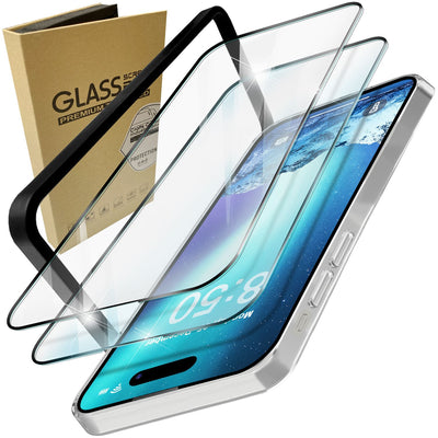 NALIA 2x Schutzglas & 1x Schablone - Set kompatibel mit iPhone 15 Pro Max Glas, 9H Full-Screen Glasfolie [Case-Friendly] Applikator einfache Installation, Displayschutz Transparent mit schwarzem Rand Default Title NALIA GlasSchutz
