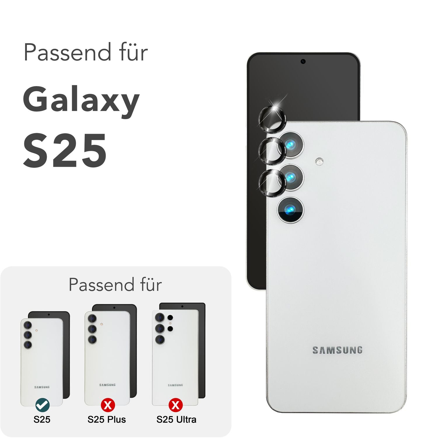 NALIA Focus.Pro CLX für Samsung Galaxy S25 Glas, Reflexionsfreier Kameraschutz, Einzeln Klare Schutzglas Ringe mit Farbrahmen, 9H Linsenschutz für Rück-Kamera, 3 Stück