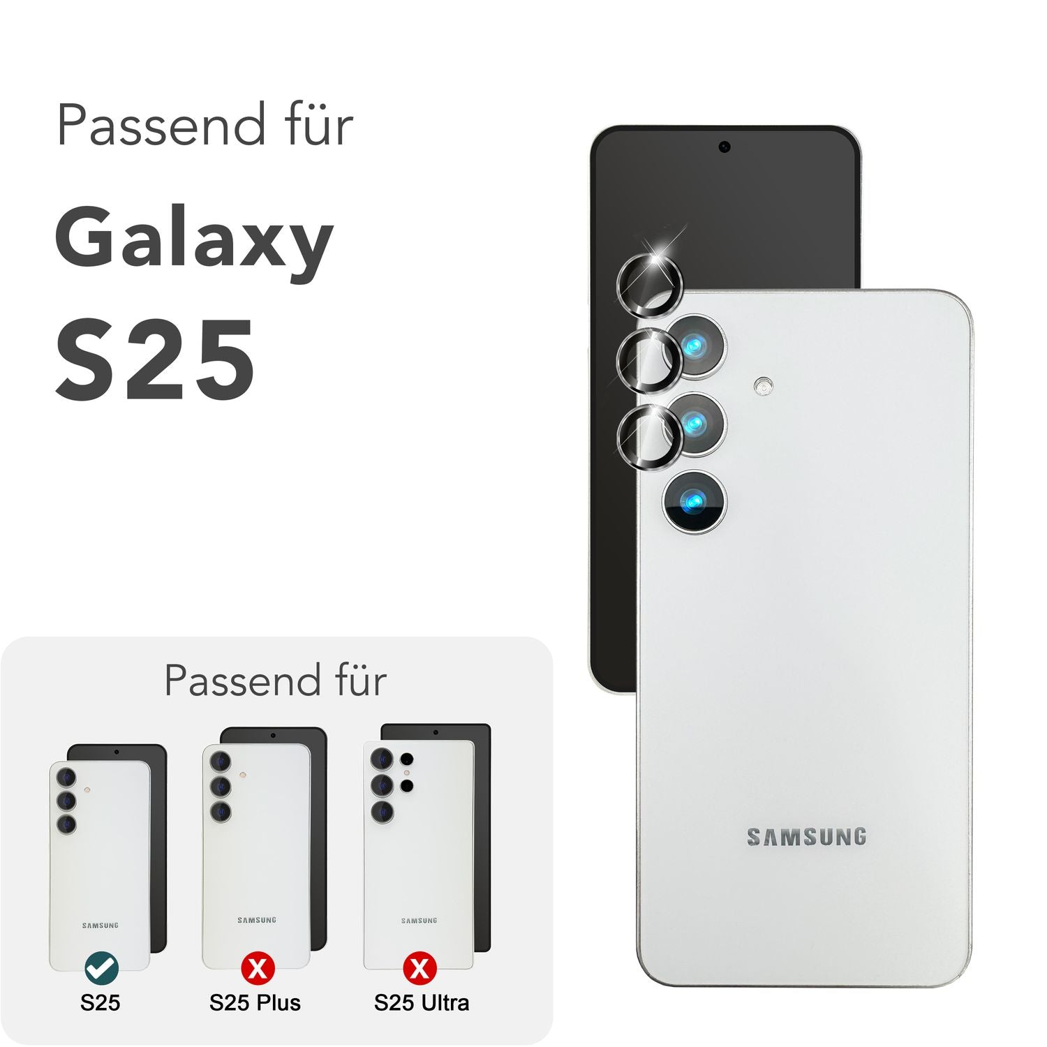 NALIA Focus.Pro CLX für Samsung Galaxy S25 Glas, Reflexionsfreier Kameraschutz, Einzeln Klare Schutzglas Ringe mit Farbrahmen, 9H Linsenschutz für Rück-Kamera, 3 Stück