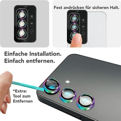 NALIA Glas Kameraschutzringe für Samsung Galaxy S25 – Linsenschutz & Case Friendly – FOCUS.PRO CLX (9H Härtegrad & Montagerahmen) – Marke aus Berlin Bunt NALIA GlasSchutz
