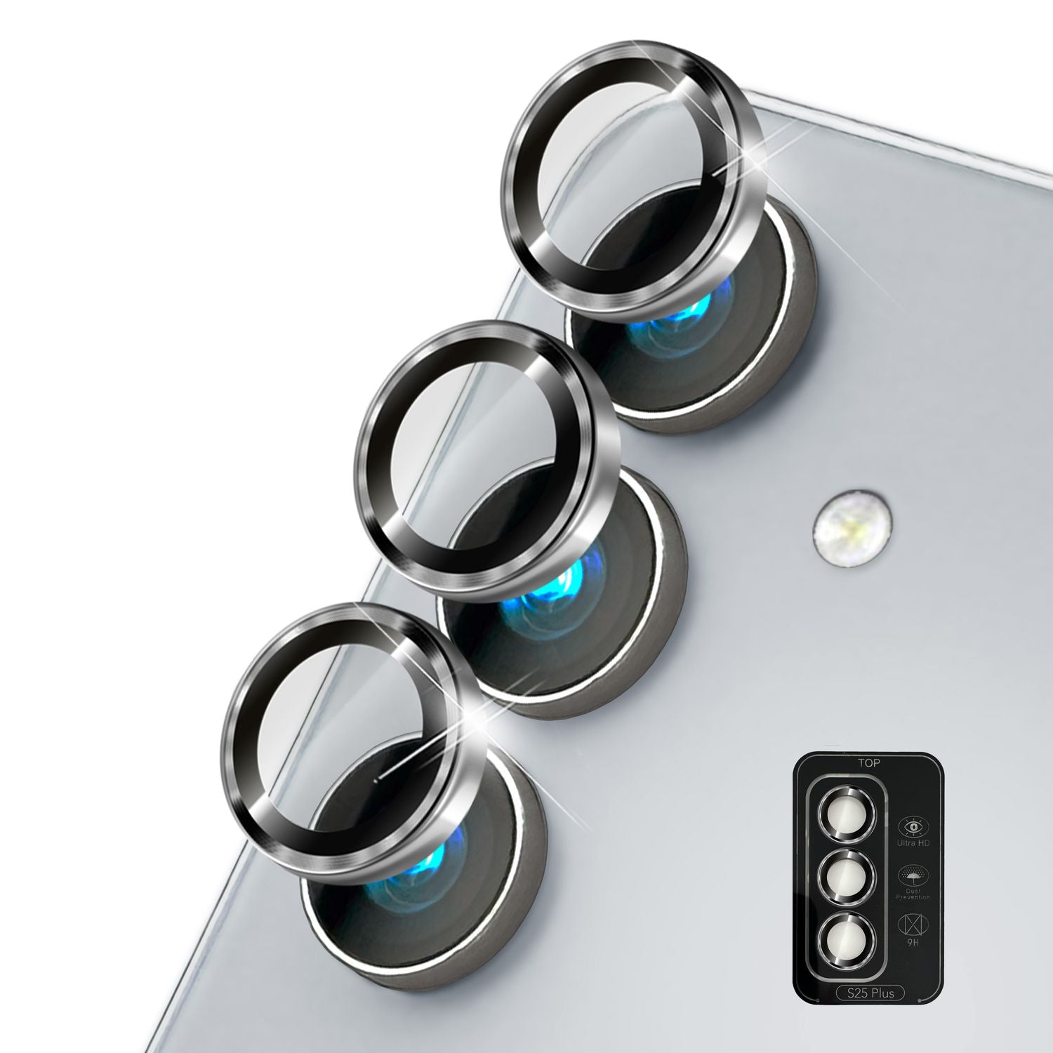 NALIA Focus.Pro CLX für Samsung Galaxy S25 Plus Glas, Reflexionsfreier Kameraschutz, Einzeln Klare Kameragläser mit Farbrahmen, 9H Linsen Ringe für Rück-Kamera, 3 Stück