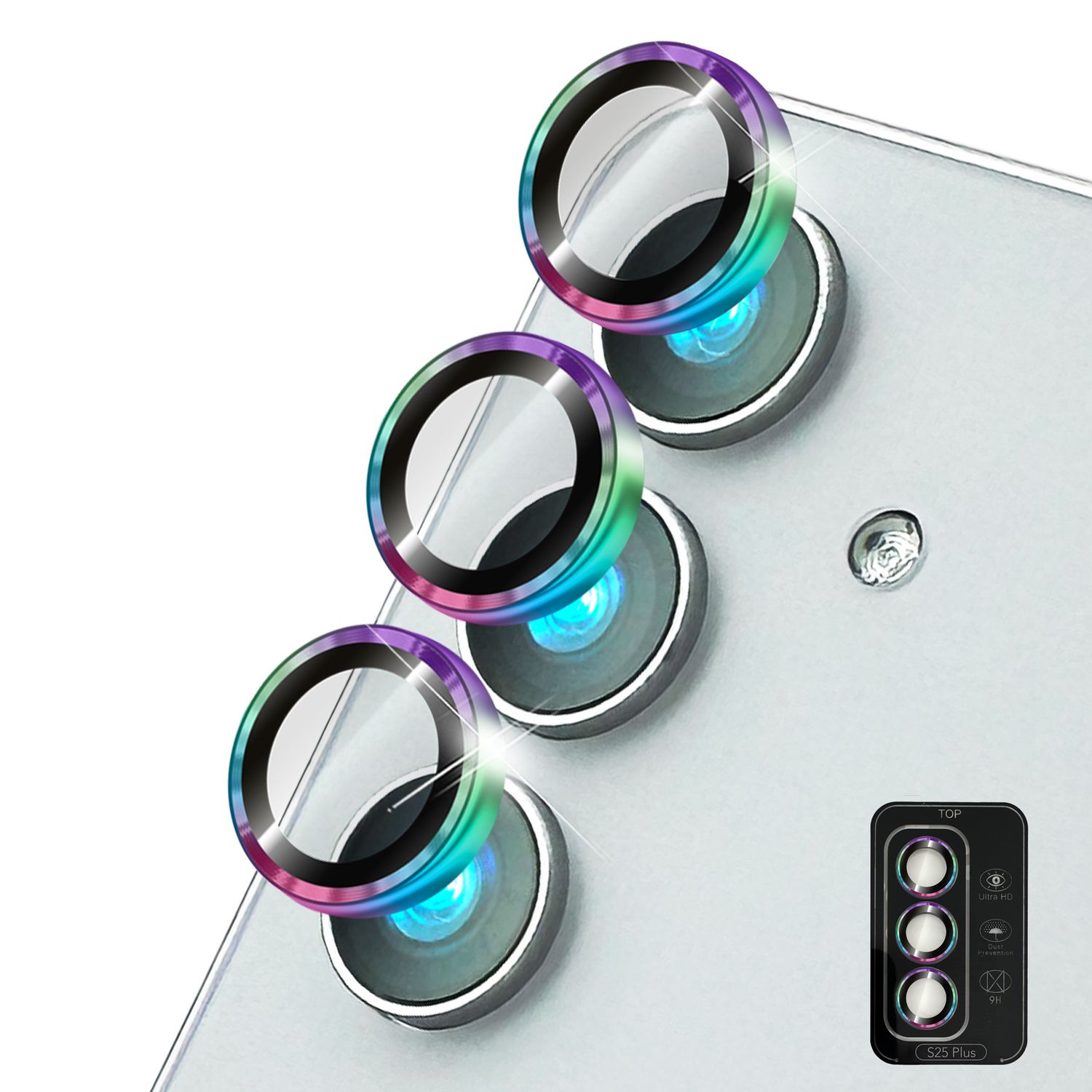 NALIA Focus.Pro CLX für Samsung Galaxy S25 Plus Glas, Reflexionsfreier Kameraschutz, Einzeln Klare Kameragläser mit Farbrahmen, 9H Linsen Ringe für Rück-Kamera, 3 Stück