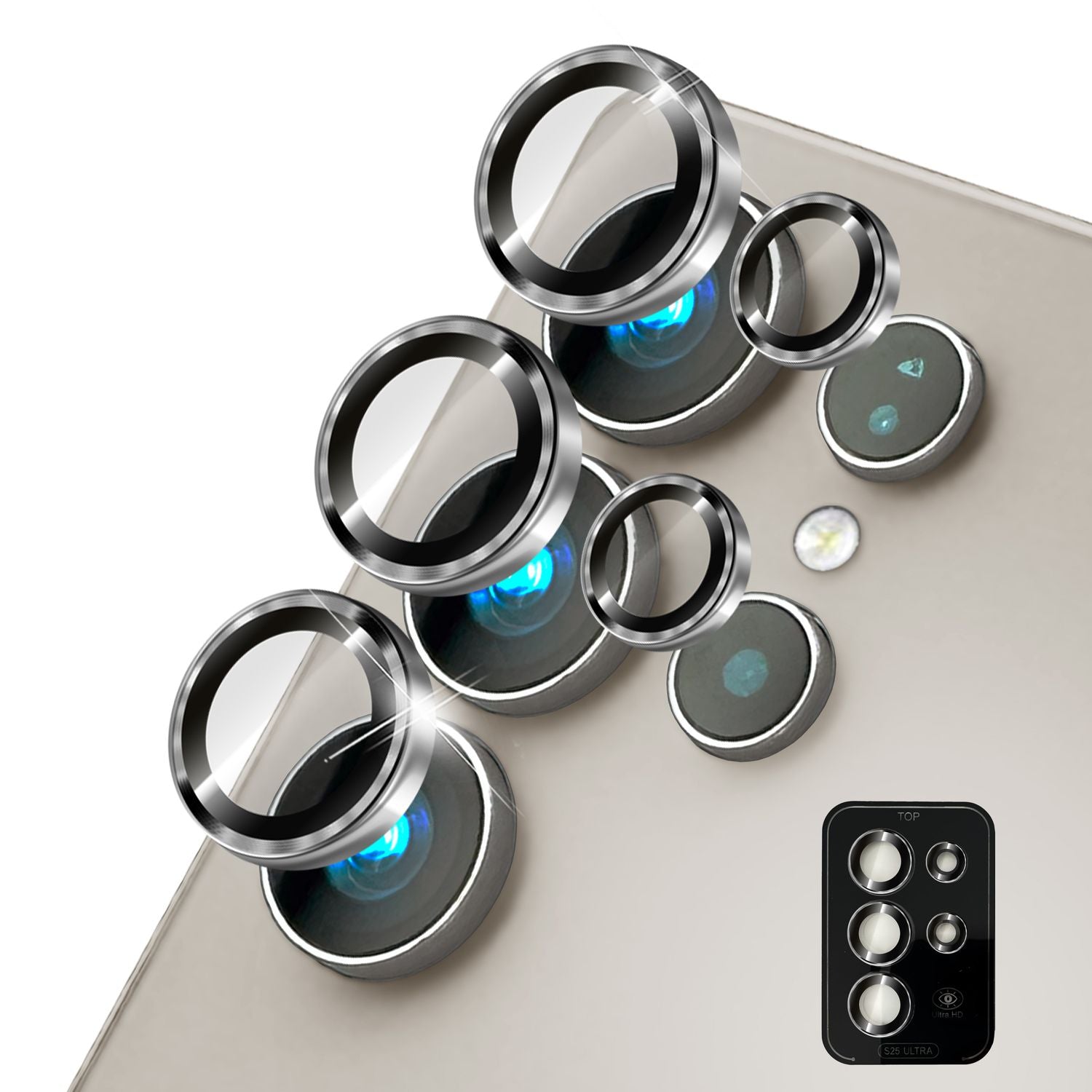 NALIA Focus.Pro CLX für Samsung Galaxy S25 Ultra Glas, Reflexionsfreier Kameraschutz, Einzeln Klare Kameraglas Ringe mit Farbrand, Linsenschutz für Rück-Kamera, 5 Stück