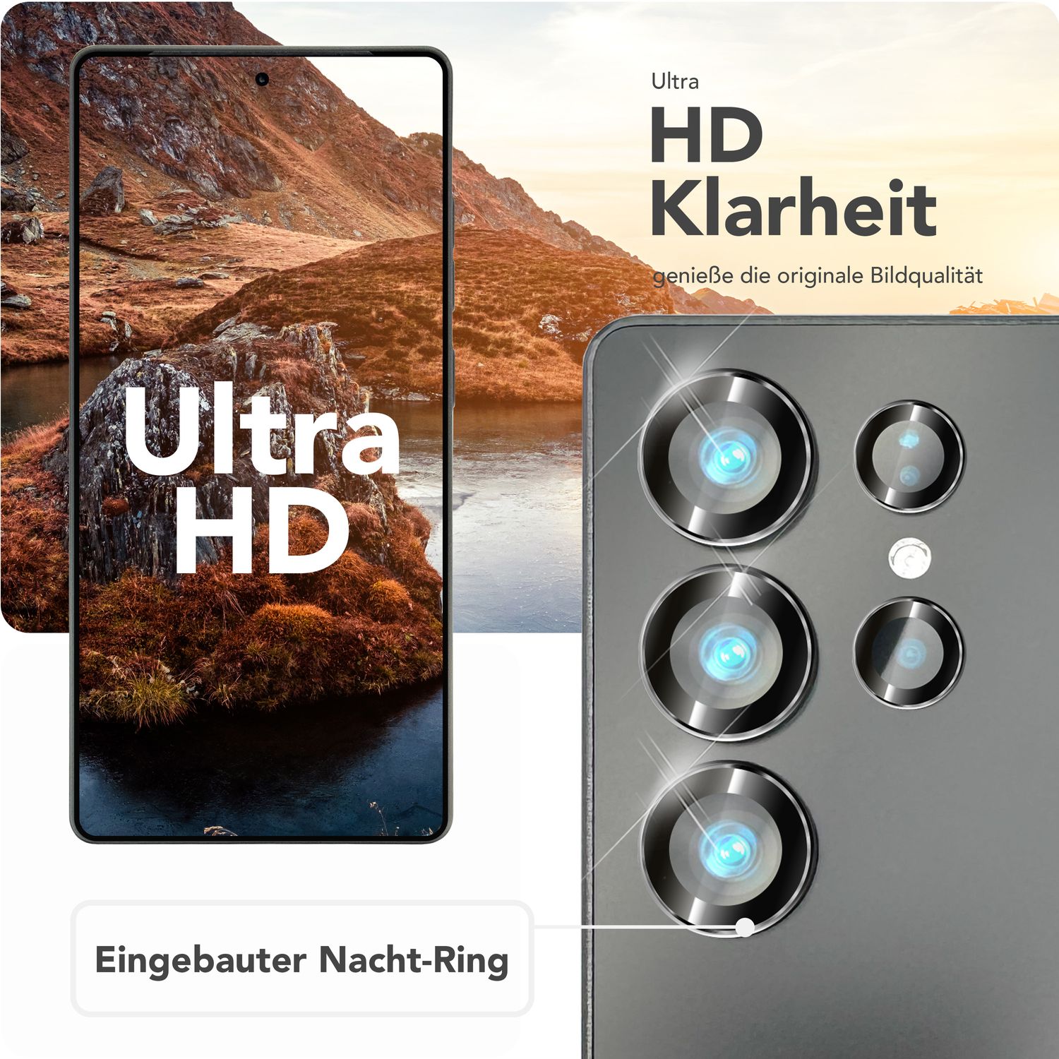 NALIA Focus.Pro CLX für Samsung Galaxy S25 Ultra Glas, Reflexionsfreier Kameraschutz, Einzeln Klare Kameraglas Ringe mit Farbrand, Linsenschutz für Rück-Kamera, 5 Stück