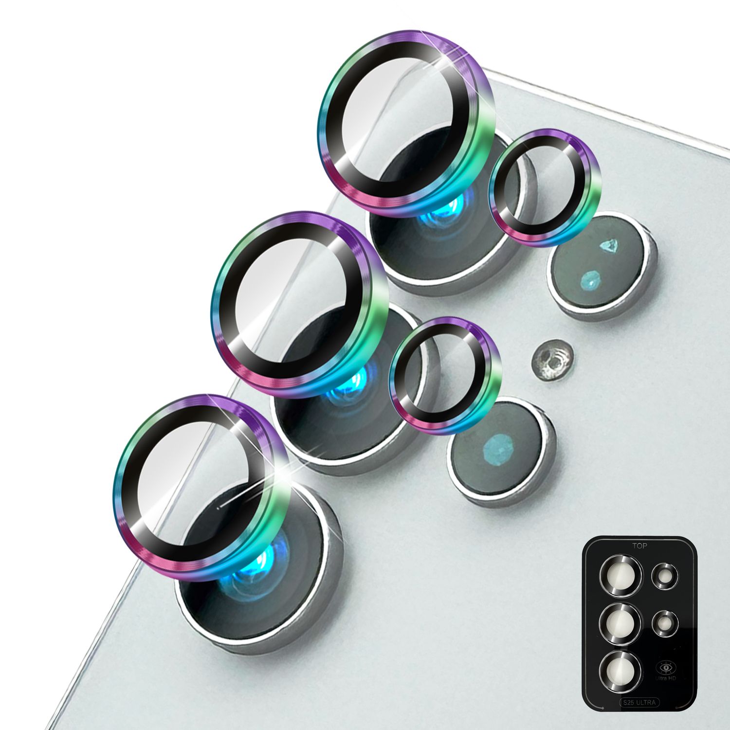 NALIA Focus.Pro CLX für Samsung Galaxy S25 Ultra Glas, Reflexionsfreier Kameraschutz, Einzeln Klare Kameraglas Ringe mit Farbrand, Linsenschutz für Rück-Kamera, 5 Stück