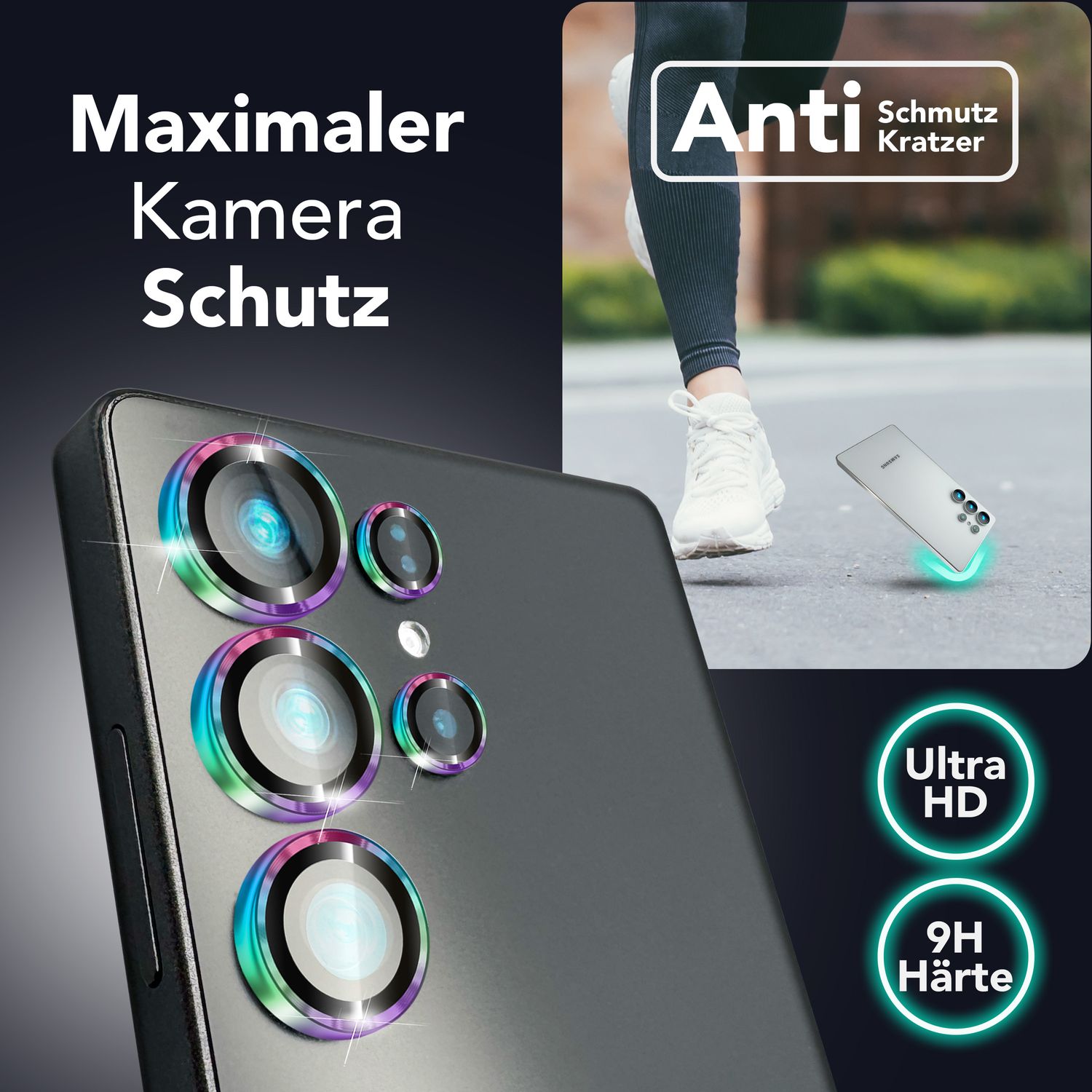 NALIA Focus.Pro CLX für Samsung Galaxy S25 Ultra Glas, Reflexionsfreier Kameraschutz, Einzeln Klare Kameraglas Ringe mit Farbrand, Linsenschutz für Rück-Kamera, 5 Stück