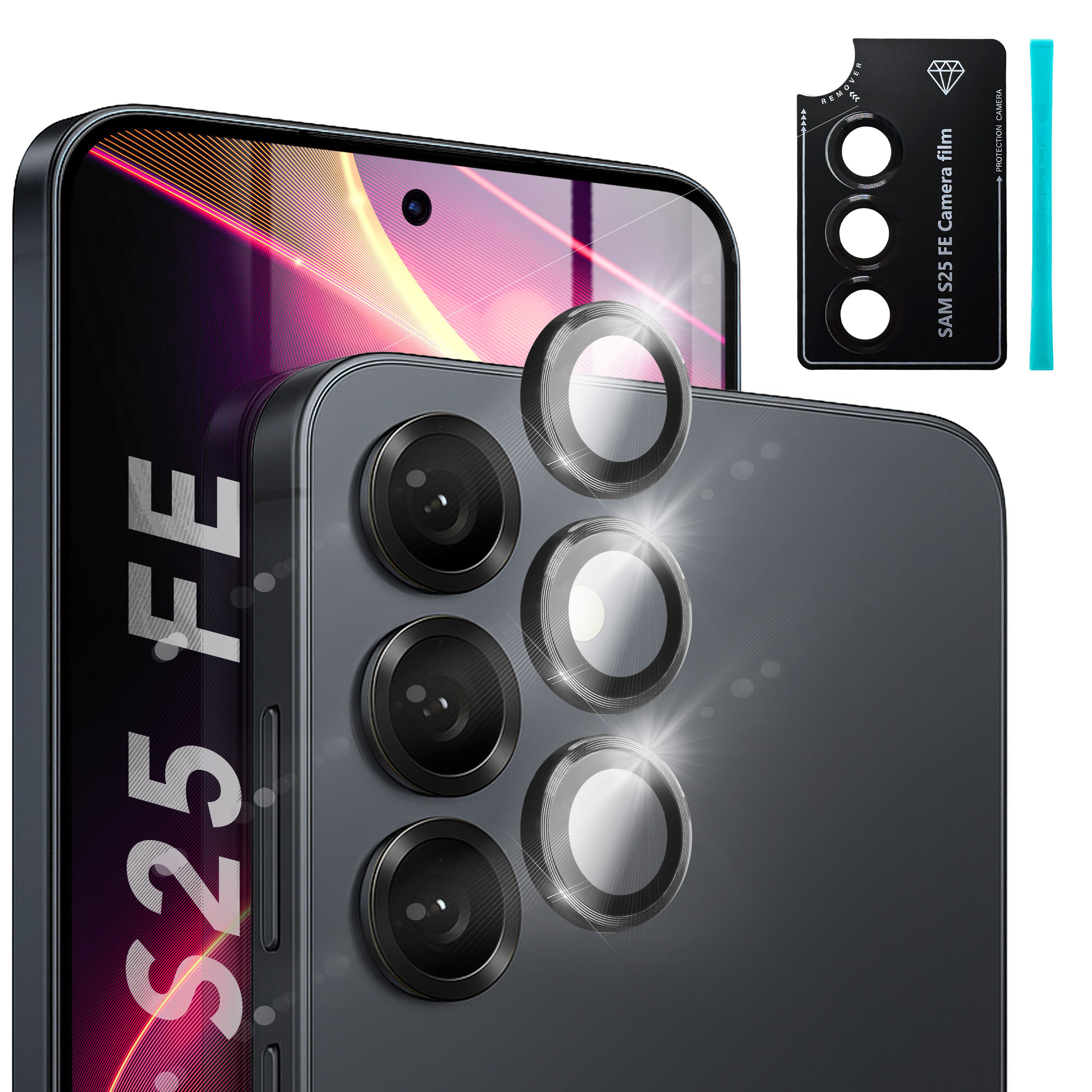 NALIA Kamera Glas Focus.Pro CLX für Samsung Galaxy S25 FE (Glasklare Aufnahmen) - Kameraschutz, 9H Linsenglas, Anti-Reflex Ringe, Klar, Selbstklebend, Hüllen-freundlich, 3 Stück