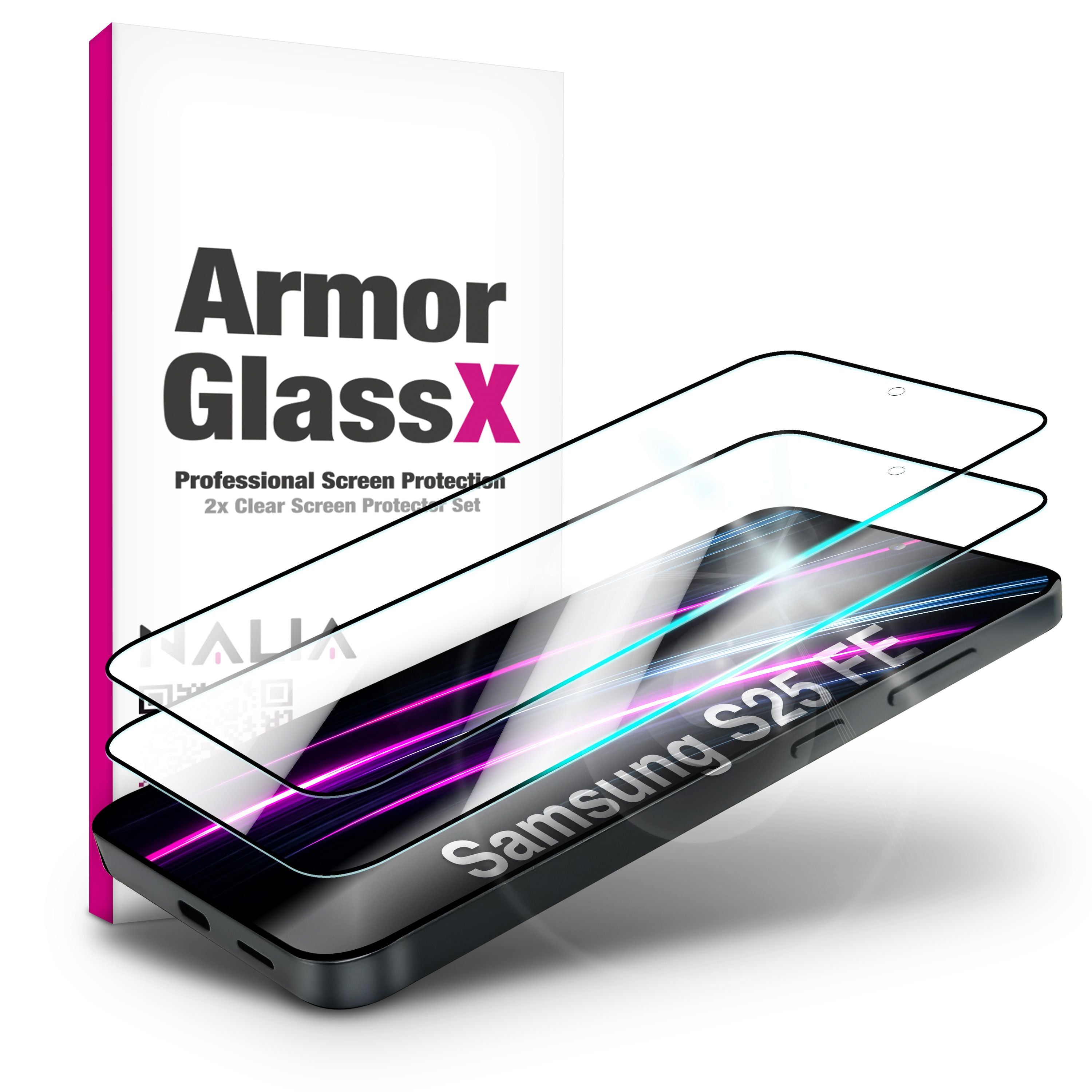 NALIA Glas ArmorGlassX für Samsung Galaxy S25 FE (super klarer Displayschutz) - 2x Schutzglas 9H Härte, Kratzfest, Anti-Schlieren, Hüllen-kompatibel, Oleophob, schwarzer Rahmen