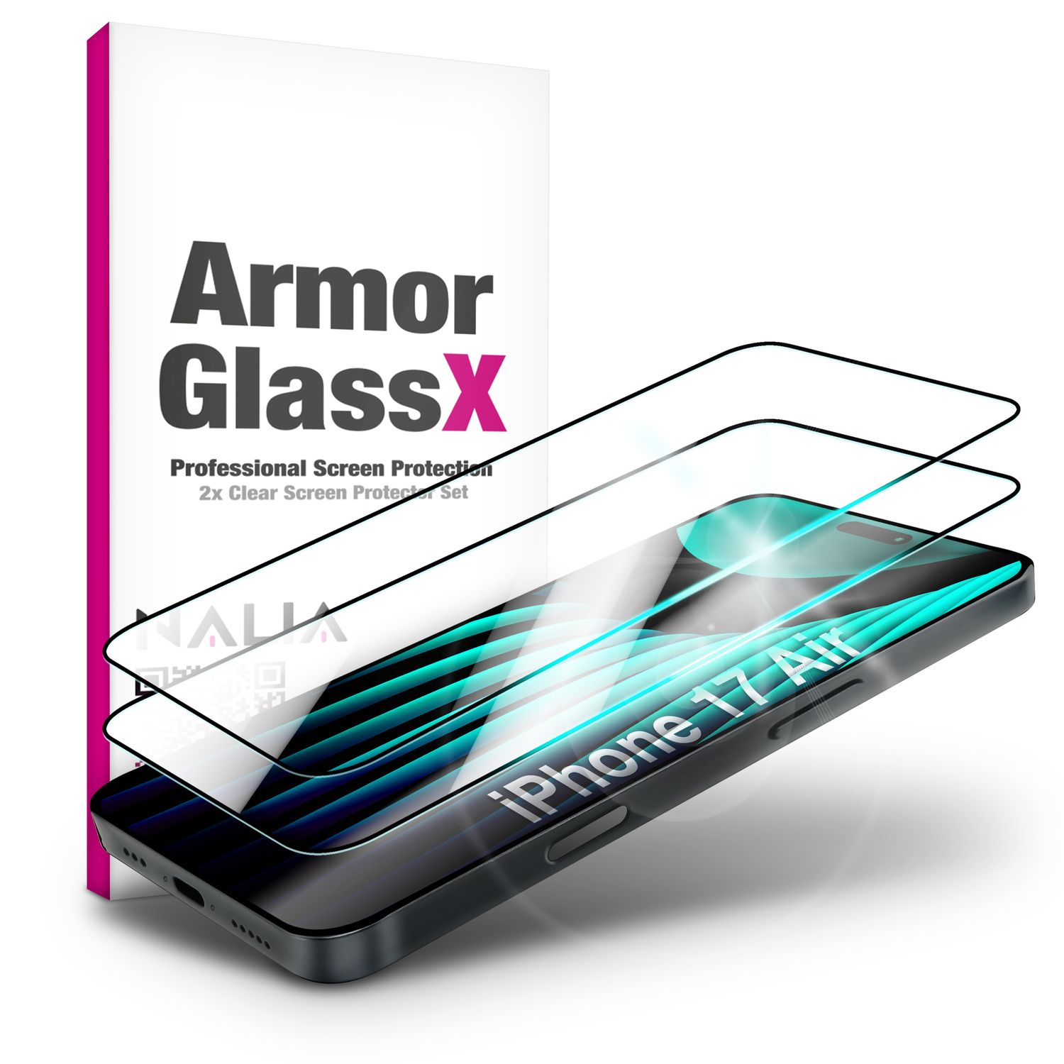 NALIA Display Glas ArmorGlassX für Apple iPhone 17 Air (super klarer Displayschutz) - 2x Schutzglas 9H Härte, Kratzfest, Case-friendly, Touch-sensitiv, Oleophob, schwarzer Rahmen