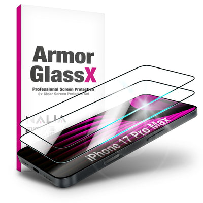 NALIA ArmorGlassX passend für Apple iPhone 17 Pro Max Glas (super klarer Displayschutz), 2x Schutzglas 9H gehärtet, Robust, Touch-optimiert, Hüllen-kompatibel, Anti-Fingerabdruck, schwarzer Rahmen