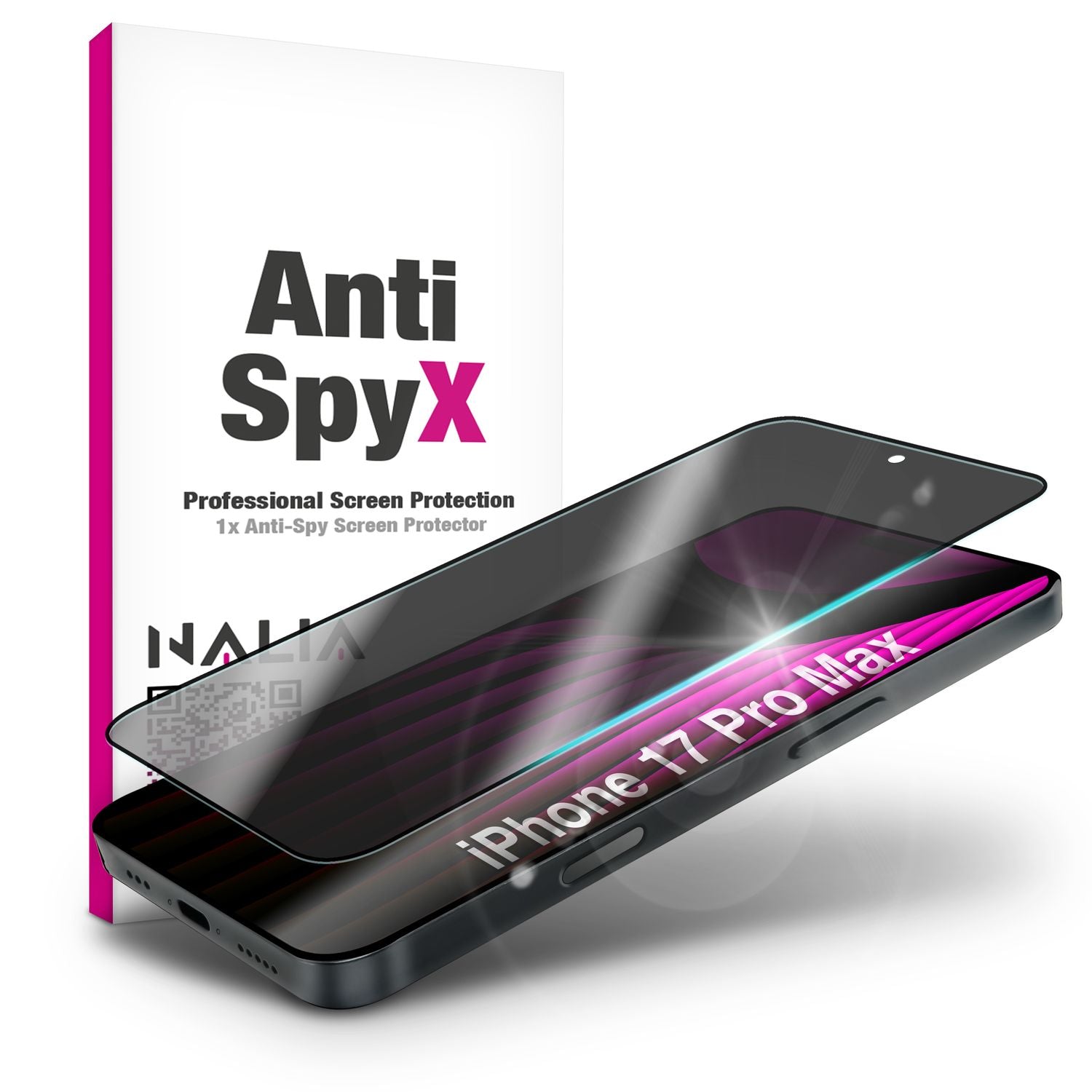 NALIA Privacy Schutzglas AntiSpyX für Apple iPhone 17 Pro Max (Diskreter Blickschutz) - Display Glas 9H Härte, Anti-Spy Sichtschutz, Kratzfest, Touch-sensitiv, Hüllen-freundlich