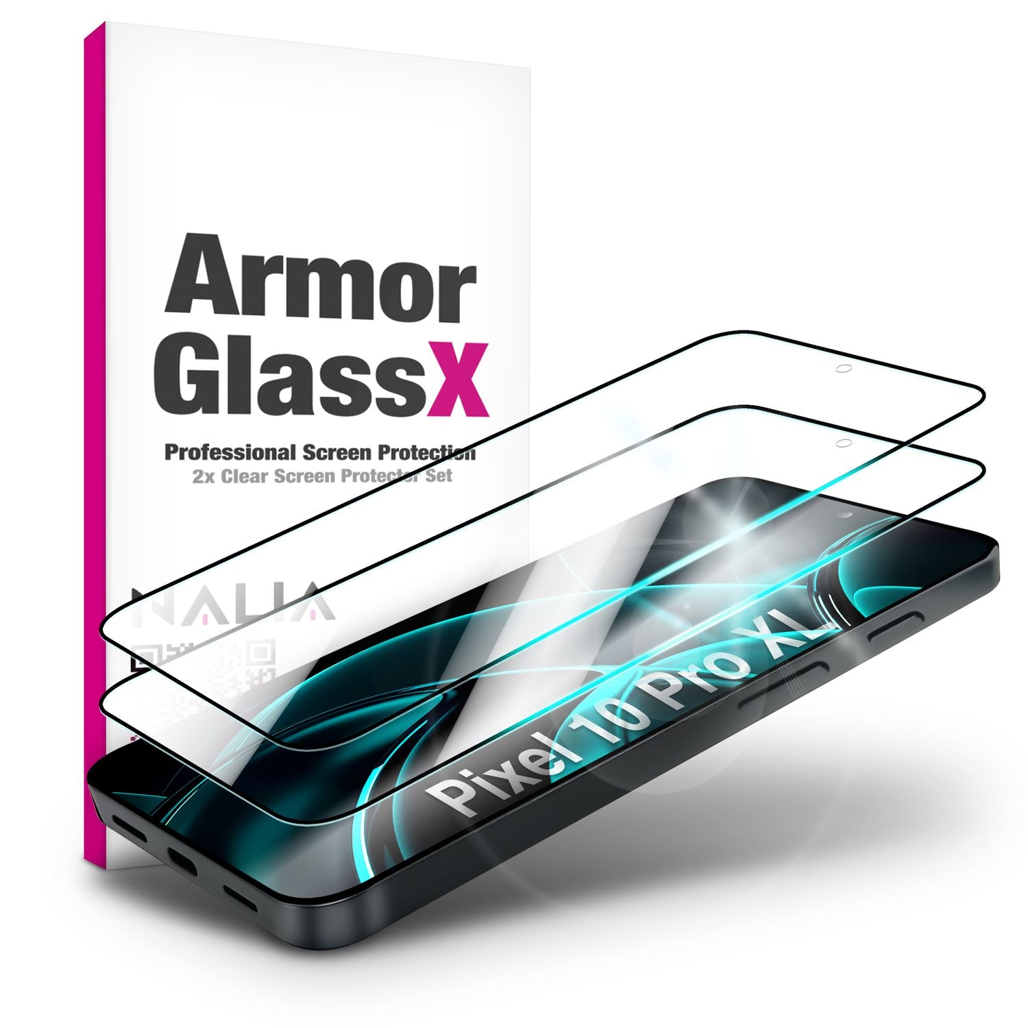 NALIA Display Glas ArmorGlassX für Google Pixel 10 Pro XL (super klarer Displayschutz), 2x Schutzglas 9H Härte, Kratzfest, Anti-Fingerprint, Hüllen-freundlich, schwarzer Rahmen