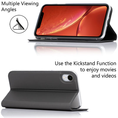 NALIA Klapphülle kompatibel mit Apple iPhone XR, Slim Flip Case Kunst-Leder Handyhülle Hard Cover Etui 360 Grad Hülle, Handy-Tasche Phone Book Bumper Schutzhülle Wallet Skin Klappbar Schwarz NALIA SlimFit Hülle