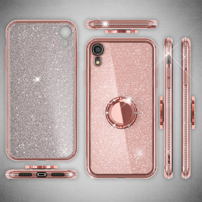NALIA Ring Hülle kompatibel mit Apple iPhone XR, Glitzer Handyhülle Ultra-Slim Silikon Case Back-Cover mit 360-Grad Fingerhalterung, Schutzhülle Glitter Handy-Tasche Bumper Etui Skin Rose Gold NALIA Protective Hülle