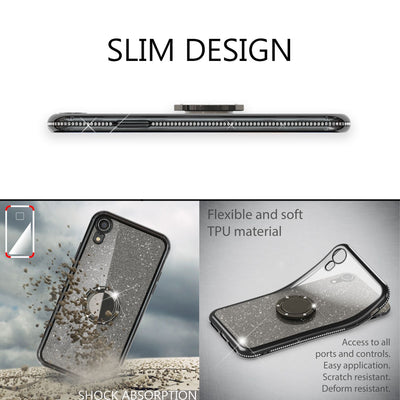 NALIA Ring Hülle kompatibel mit Apple iPhone XR, Glitzer Handyhülle Ultra-Slim Silikon Case Back-Cover mit 360-Grad Fingerhalterung, Schutzhülle Glitter Handy-Tasche Bumper Etui Skin NALIA Protective Hülle