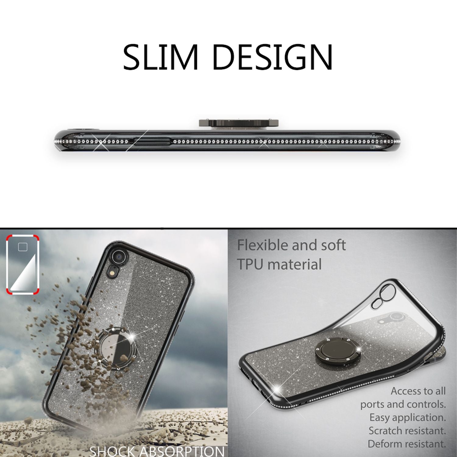 NALIA Ring Hülle für Apple iPhone XR, Glitzer Handy Hülle Silikon Cover Case NALIA