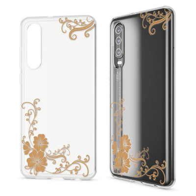 NALIA Hülle kompatibel mit Huawei P30, Motiv Handyhülle Ultra-Slim Silikon Case Crystal Cover Schutzhülle Durchsichtig, Dünne Handy-Tasche Backcover Transparent Bumper Golden Flowers NALIA SlimFit Hülle