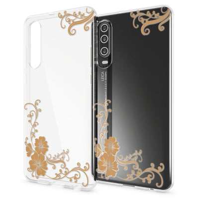 NALIA Hülle kompatibel mit Huawei P30, Motiv Handyhülle Ultra-Slim Silikon Case Crystal Cover Schutzhülle Durchsichtig, Dünne Handy-Tasche Backcover Transparent Bumper Golden Flowers NALIA SlimFit Hülle