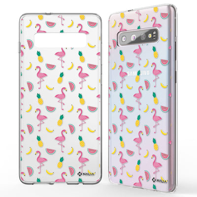 NALIA Handyhülle kompatibel mit Samsung Galaxy S10, Slim Silikon Hülle Motiv Case Cover Crystal Schutzhülle, Durchsichtig Etui Handy-Tasche Backcover Transparent Bumper Flamingo Party NALIA SlimFit Hülle