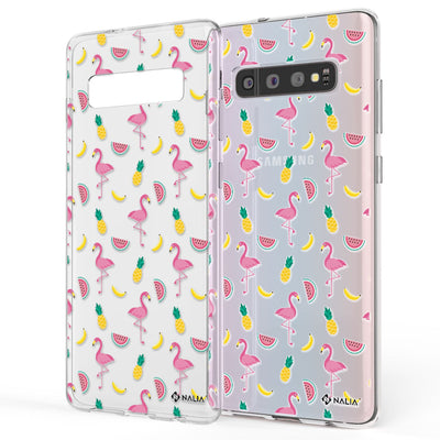 NALIA Handyhülle kompatibel mit Samsung Galaxy S10, Slim Silikon Hülle Motiv Case Cover Crystal Schutzhülle, Durchsichtig Etui Handy-Tasche Backcover Transparent Bumper Flamingo Party NALIA SlimFit Hülle