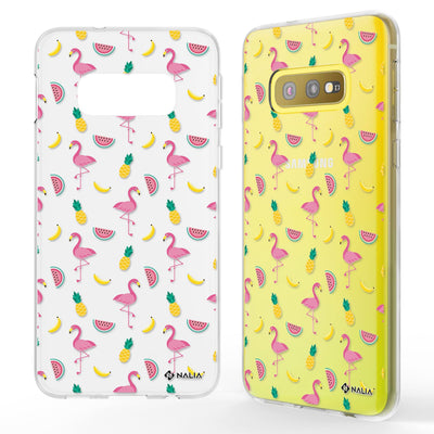 NALIA Handyhülle kompatibel mit Samsung Galaxy S10e, Slim Silikon Hülle Motiv Case Cover Crystal Schutzhülle, Durchsichtig Etui Handy-Tasche Backcover Transparent Bumper Flamingo Party NALIA SlimFit Hülle