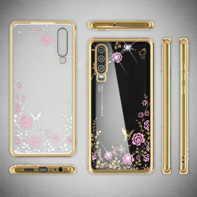 NALIA Hülle kompatibel mit Huawei P30, Durchsichtige Handyhülle Blumen-Muster Metall-Optik Glitzer-Steine, Ultra-Slim Silikon Case Dünne Schutzhülle Smart-Phone Bling Cover Etui Handy-Tasche - Gold Default Title NALIA Protective Hülle