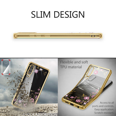 NALIA Hülle kompatibel mit Huawei P30, Durchsichtige Handyhülle Blumen-Muster Metall-Optik Glitzer-Steine, Ultra-Slim Silikon Case Dünne Schutzhülle Smart-Phone Bling Cover Etui Handy-Tasche - Gold Default Title NALIA Protective Hülle