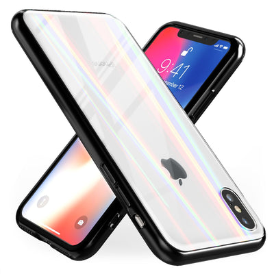 NALIA Hartglas Hülle kompatibel mit iPhone X / XS, Transparentes Regenbogen Hardcase aus Tempered Glass mit Silikon Bumper, bunt glänzende stoßfeste & robuste Handyhülle Transparent NALIA Protective Hülle