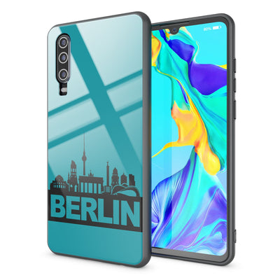 NALIA Hartglas Hülle kompatibel mit Huawei P30, Original Berlin Design Motiv Hardcase aus 9H Tempered Glass & Silikon Bumper, Robuste Handyhülle Cover Case Berlin Skyline Weiß NALIA Protective Hülle