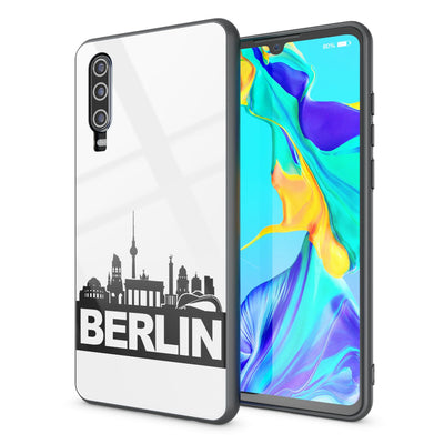 NALIA Hartglas Hülle kompatibel mit Huawei P30, Original Berlin Design Motiv Hardcase aus 9H Tempered Glass & Silikon Bumper, Robuste Handyhülle Cover Case Berlin Skyline Weiß NALIA Protective Hülle