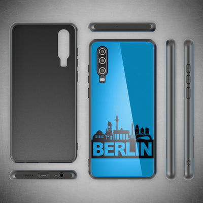 NALIA Hartglas Hülle kompatibel mit Huawei P30, Original Berlin Design Motiv Hardcase aus 9H Tempered Glass & Silikon Bumper, Robuste Handyhülle Cover Case Berlin Skyline Weiß NALIA Protective Hülle