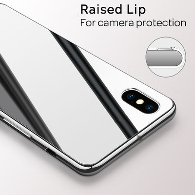 NALIA Spiegel Hartglas Hülle kompatibel mit iPhone X / XS, Mirror Hard-Case 9H Tempered Glass Cover & Silikon Bumper, Robuste Handyhülle Schutzhülle Etui Handy-Tasche Dünn Silber NALIA Protective Hülle