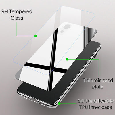 NALIA Spiegel Hartglas Hülle kompatibel mit iPhone XR, Mirror Hard-Case 9H Tempered Glass Cover & Silikon Bumper, Robuste Handyhülle Schutzhülle Etui Handy-Tasche Dünn Backcover NALIA Protective Hülle