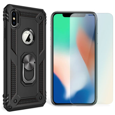 NALIA Ring Hülle + Schutzglas kompatibel mit iPhone X / XS, 9H Displayschutz & 360° Finger-Halter Handyhülle für magnetische KFZ-Halterung, Silikon Cover Etui & Hard-Case Bumper Schwarz NALIA Protective Hülle