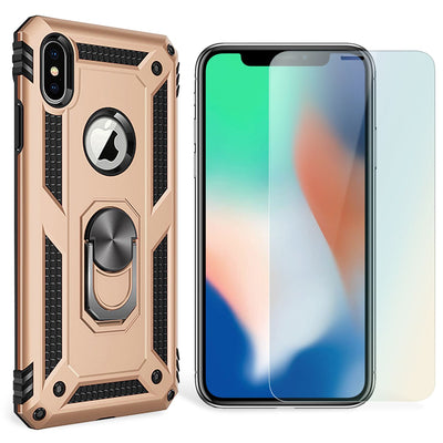 NALIA Ring Hülle + Schutzglas kompatibel mit iPhone X / XS, 9H Displayschutz & 360° Finger-Halter Handyhülle für magnetische KFZ-Halterung, Silikon Cover Etui & Hard-Case Bumper Schwarz NALIA Protective Hülle