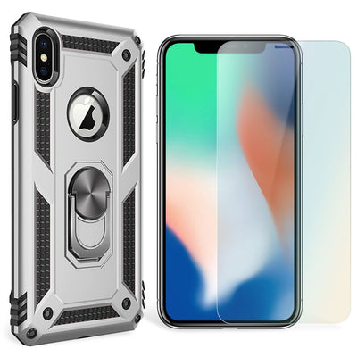 NALIA Ring Hülle + Schutzglas kompatibel mit iPhone X / XS, 9H Displayschutz & 360° Finger-Halter Handyhülle für magnetische KFZ-Halterung, Silikon Cover Etui & Hard-Case Bumper Silber NALIA Protective Hülle