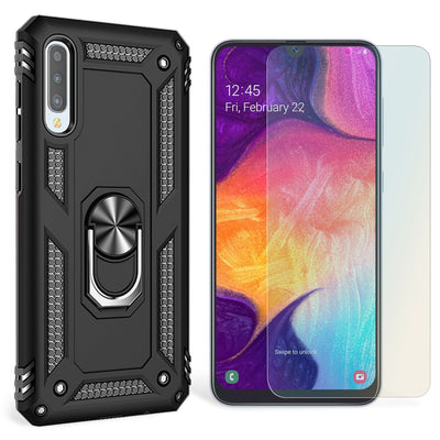 NALIA Ring Hülle + Schutzglas kompatibel mit Samsung Galaxy A50, 9H Displayschutz & 360° Finger-Halter Handyhülle für magnetische KFZ-Halterung, Silikon Cover & Hard-Case Bumper Schwarz NALIA Protective Hülle