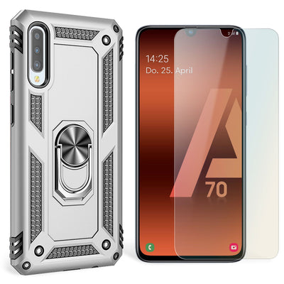 NALIA Ring Hülle + Schutzglas kompatibel mit Samsung Galaxy A70, 9H Displayschutz & 360° Finger-Halter Handyhülle für magnetische KFZ-Halterung, Silikon Cover & Hard-Case Bumper Silber NALIA Protective Hülle