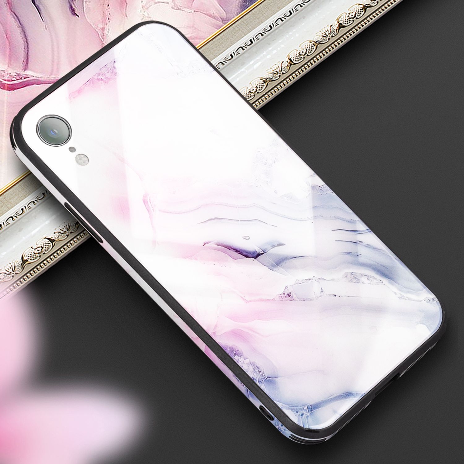 NALIA Handy Hülle für iPhone XR, Hartglas Marmor Design Case Cover Bumper Etui