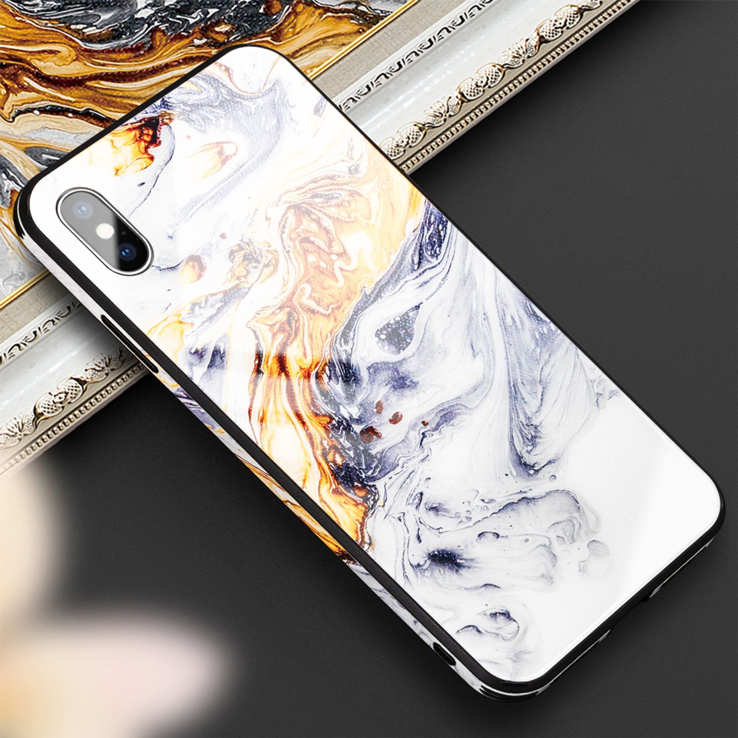NALIA Handy Hülle für iPhone XS Max, Hartglas Marmor Design Schutz Case Cover Gold Grau NALIA